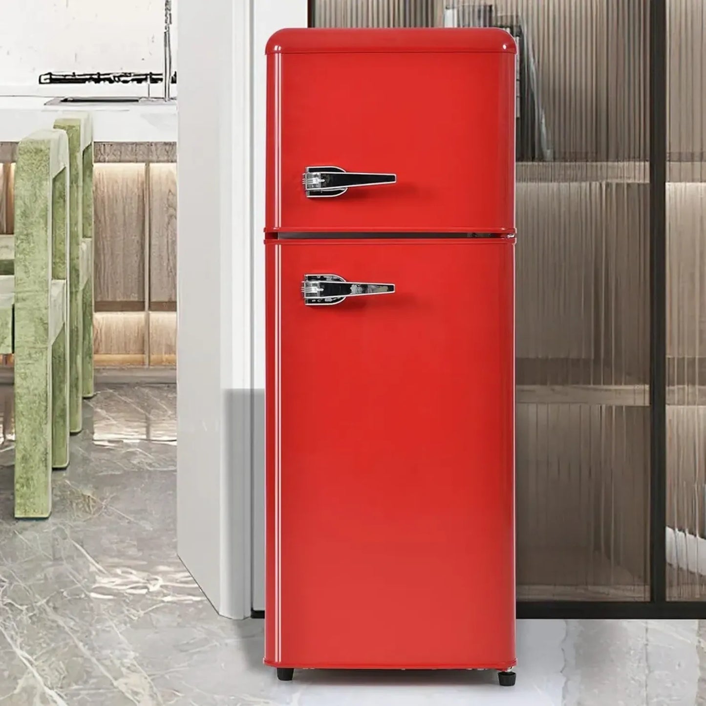 Sweiko Réfrigérateur Rétro 92L avec Congélateur 28L, Éclairage LED, Modèle à Deux Portes - Rouge