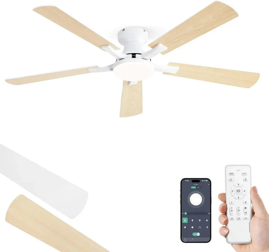 Ventilateur de Plafond Silencieux 132 cm avec LED Dimmable et Télécommande, Design Moderne Blanc/Bois, Moteur DC Réversible