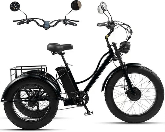 Tricycle électrique adulte 7 vitesses avec pneus larges, batterie 48V 18Ah, écran LCD et grand panier, idéal pour trajets quotidiens