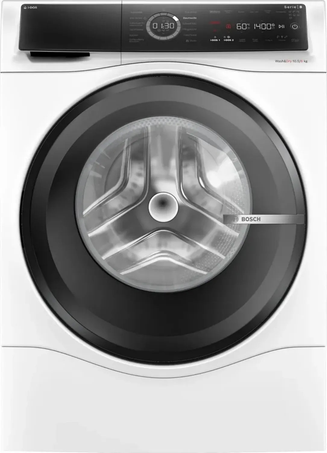 Sèche-linge Bosch Série 8, 10,5 kg lavage, 6 kg séchage, 1400 tr/min, i-Dos intelligent, élimination de 16 taches, vapeur IronAssist, AutoDry