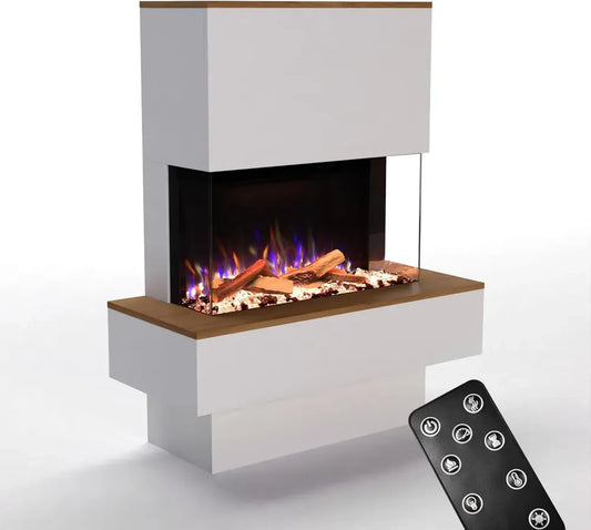 Cheminée Électrique sur Pied GLOW FIRE PR18 avec Feu LED 3D Réaliste, Chauffage, Effet Crépitant, Minuterie, 1500W, Blanc/Chêne