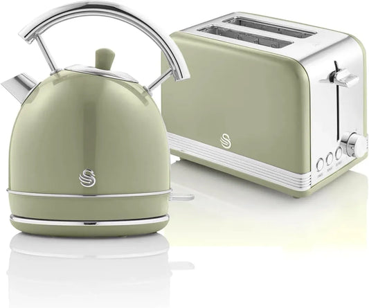 Swan Retro Set Petit-Déjeuner, Bouilloire 1,8L INOX, Grille-Pain 2 Tranches Large, 6 Niveaux, Design Vert Vintage