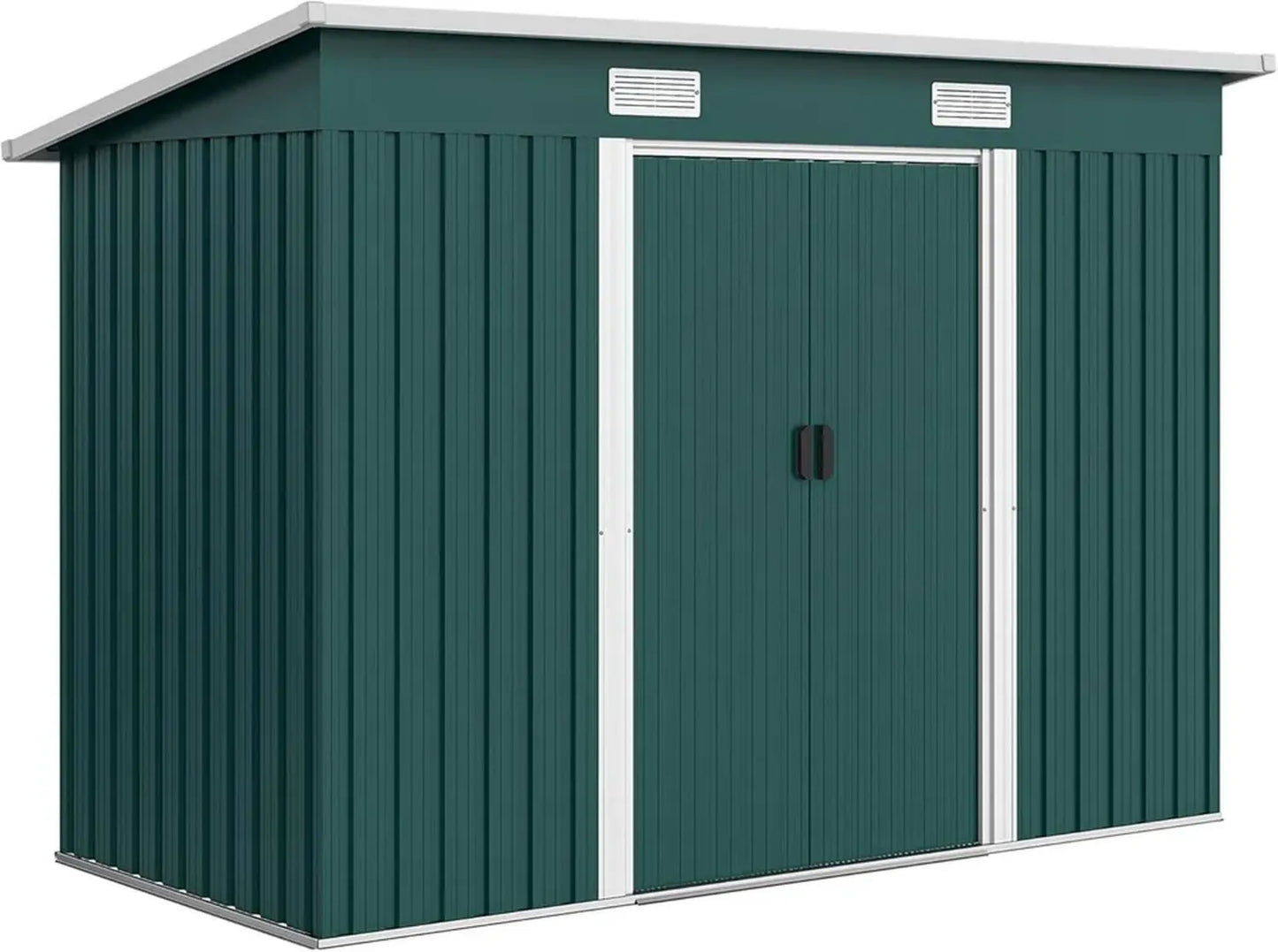 Outsunny Abri de Jardin Métallique 3,18 m² avec Ventilation, Cabane à Outils avec Portes Coulissantes et Serrure, Toit En Pente, Gants Inclus, 272x134x182 cm, Vert Foncé