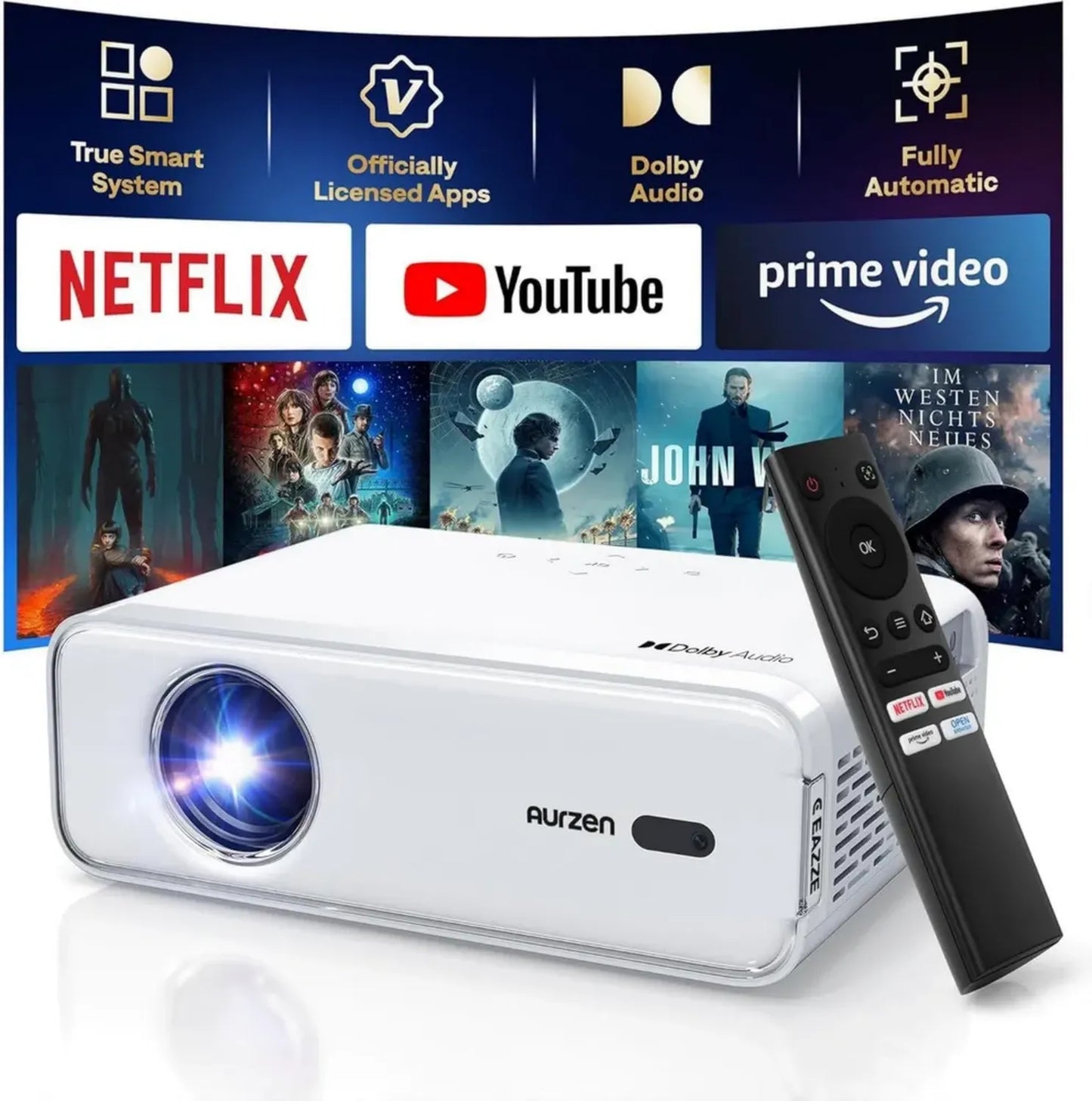 AURZEN Vidéoprojecteur 4K UHD avec Netflix et Dolby, Mise au Point Automatique, HDR10, WiFi Bluetooth Portable, Full HD 1080P, Blanc