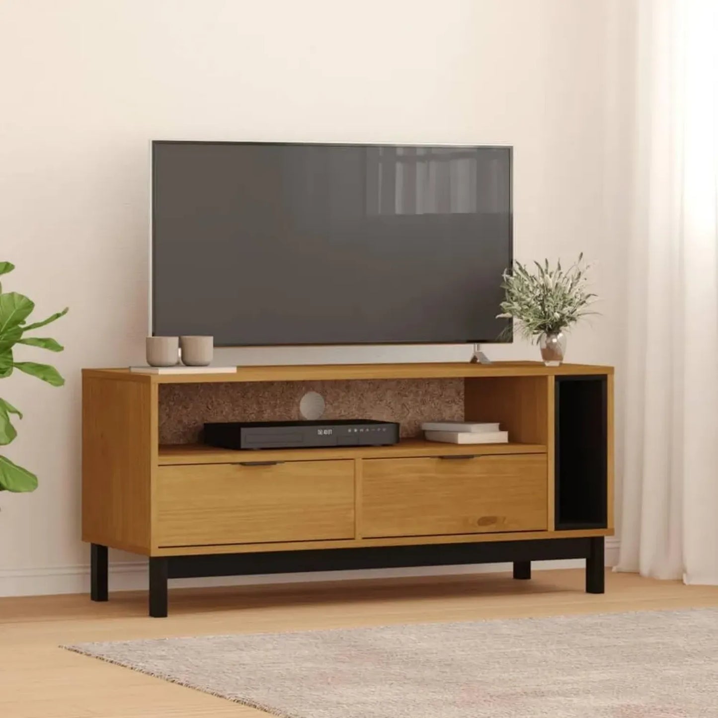 Meuble TV en Pin Massif 110 cm avec Tiroirs, Rangement Moderne pour Salon et Salle à Manger, Étagère Bibliothèque Design en Chêne Clair